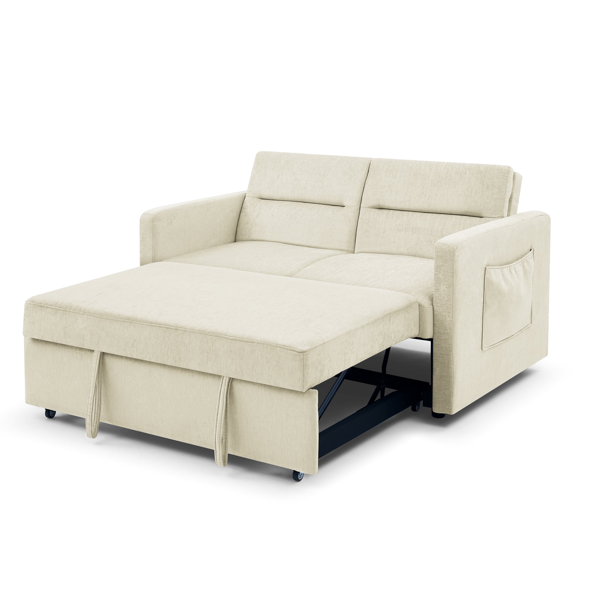 Beige Loveseat Sofa Bed with Pull-Out Bed, Adjustable Back & Arm Pockets