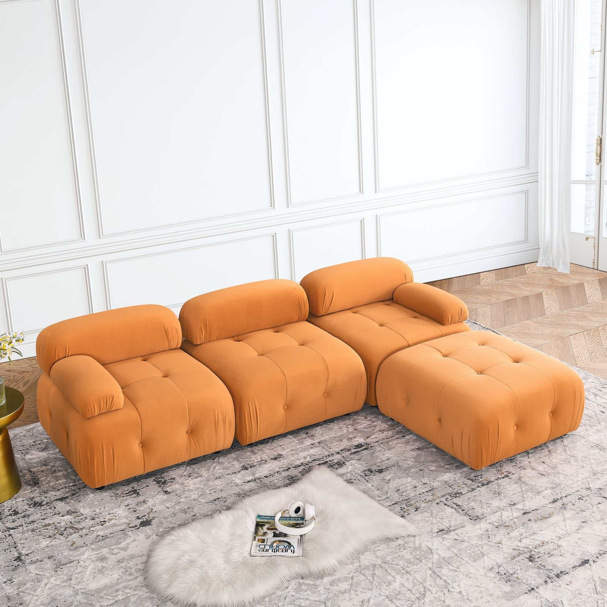 Modular L-Shaped Sofa, Orange Velvet, Tufted Design & Reversible Ottoman