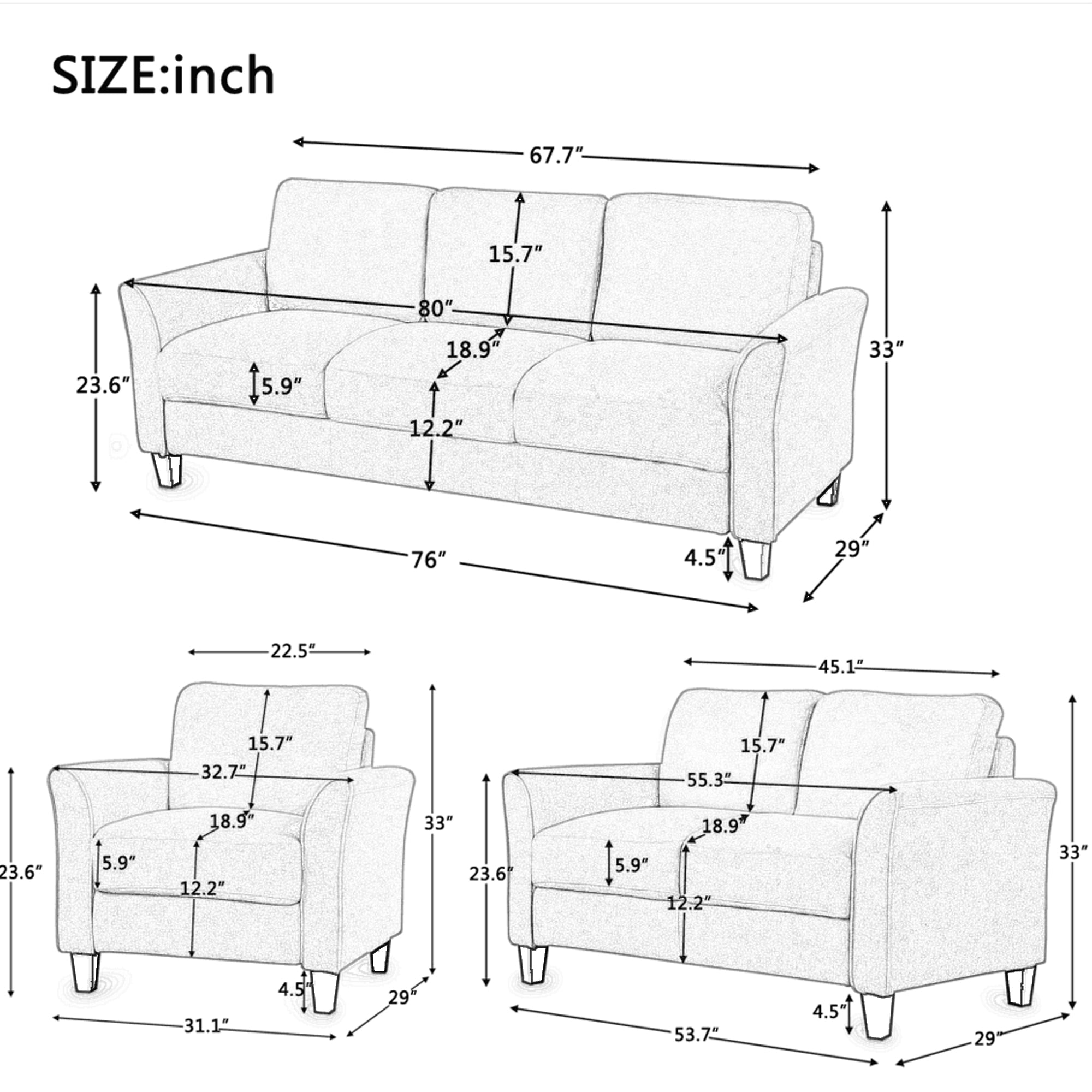 Polyester-Blend 3 Pieces Sofa Set