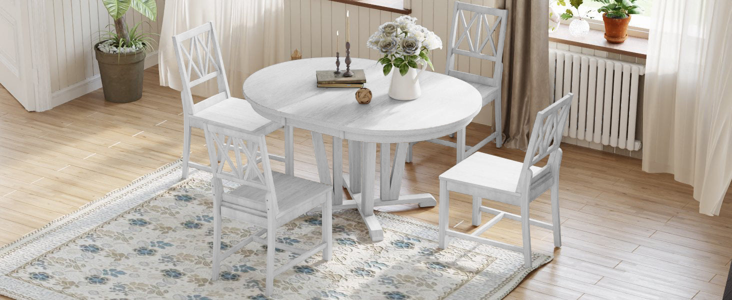 Rustic 5-Piece Extendable Dining Set: Round Table & 4 Cross Chairs