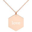 Love Engraved Silver Hexagon Necklace