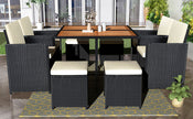 All-Weather 9-Piece Patio Dining Set, Wood Top, Black Wicker & Beige Cushions