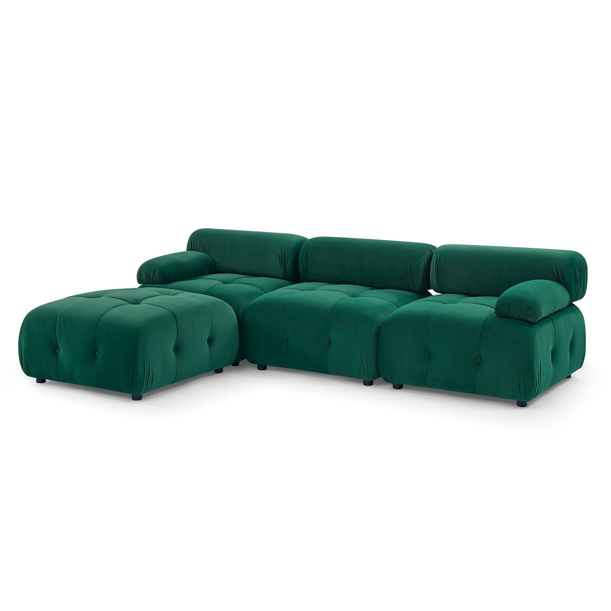 DIY L-Shaped Green Velvet Sofa, Button Tufted, Reversible Ottoman