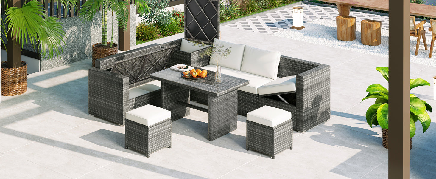 6-Piece All-Weather PE Rattan Sofa Set with Adjustable Seats & Storage