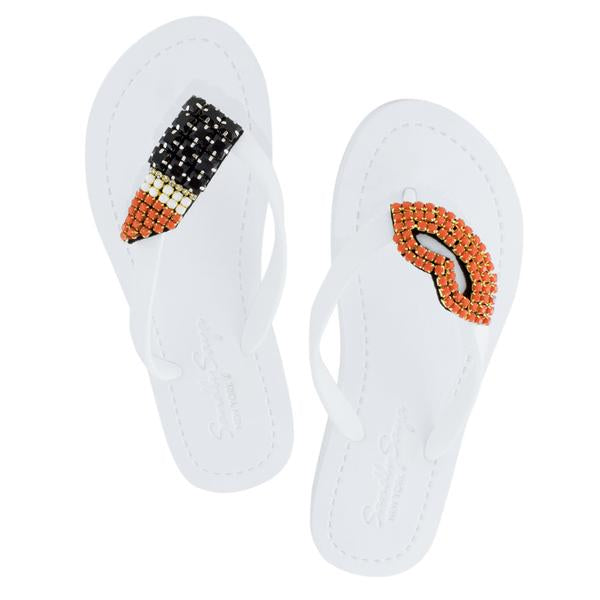 Lips - Rhinestone Embellished Flat Flip Flops Sandal for Women