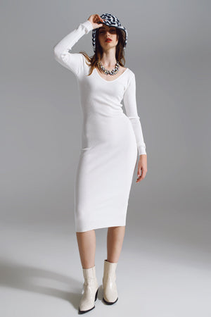 Midi Bodycon Knitted Dress With V-Neck in White