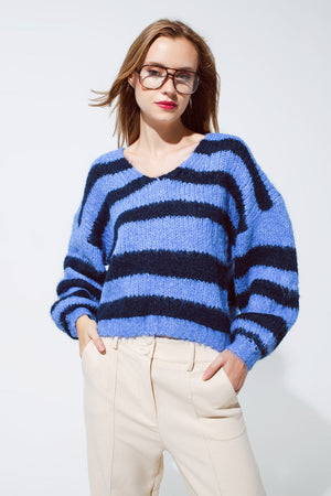 Oversized Blue Stripy Fluffy Sweater With Balloon Sleeves