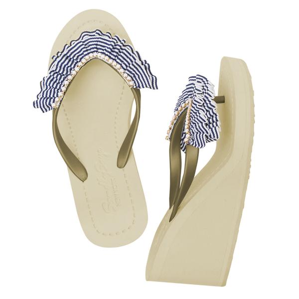 Rockaway Stripe - Marine Blue and White Rhine Stone High Wedge Flip Flops Sandal