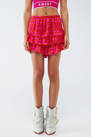 Shorts With Frilly Hem in Zebra Print in Orange and Fuchsia