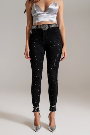 Skinny Jeans With Embellished Details in Black Wash