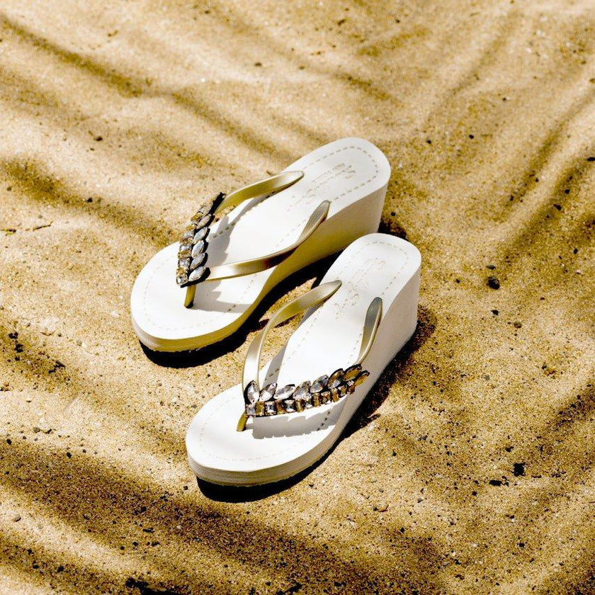 Smith - Gold Rhine Stone Embellished Women's High Wedge Flip Flops Sandal