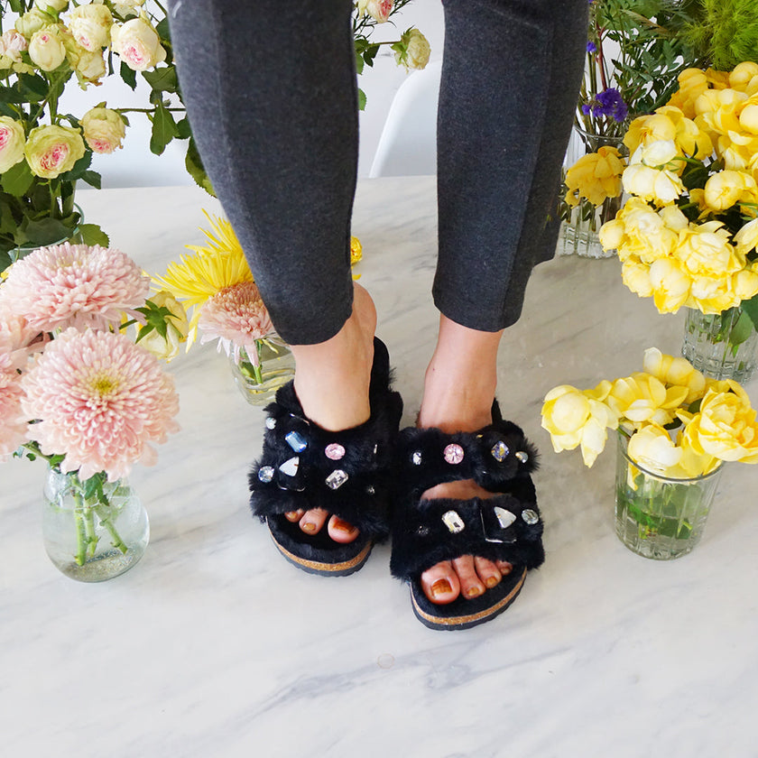 Shearling Fur Slide With Rhinestones - Black Flat Women's Sandals