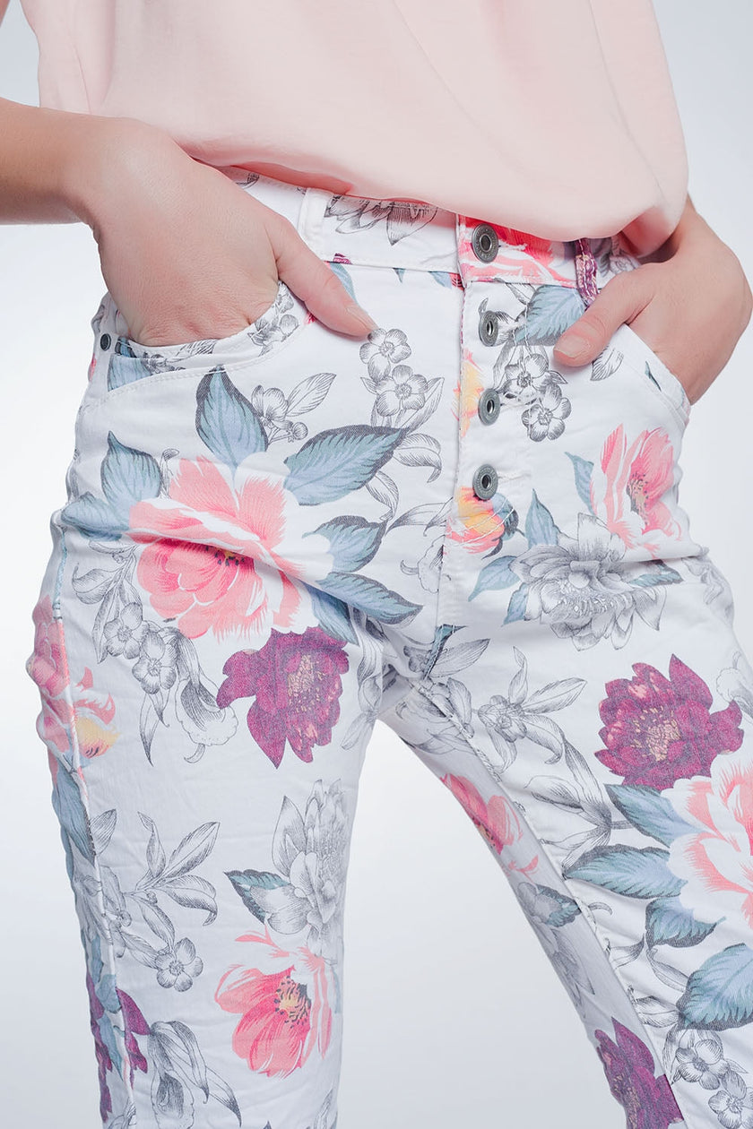 White Boyfriend Jeans With Floral Print