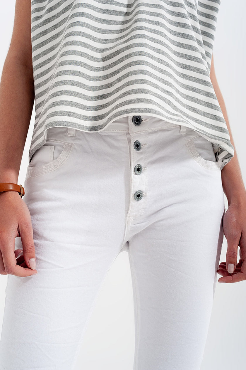 White Boyfriend Pants With Sequin Pocket Detail