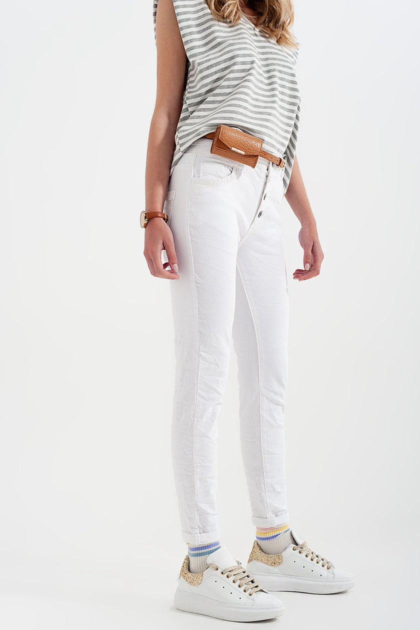 White Boyfriend Pants With Sequin Pocket Detail