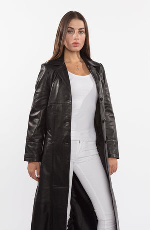 Ladies 3 Button Matrix Black Full Length Leather Coat