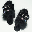 Shearling Fur Slide With Feather and Rhinestones