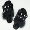 Shearling Fur Slide With Feather and Rhinestones