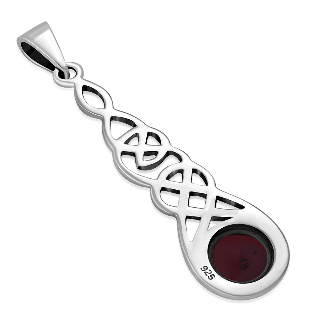 Long Celtic Silver Pendant Set W/ Garnet