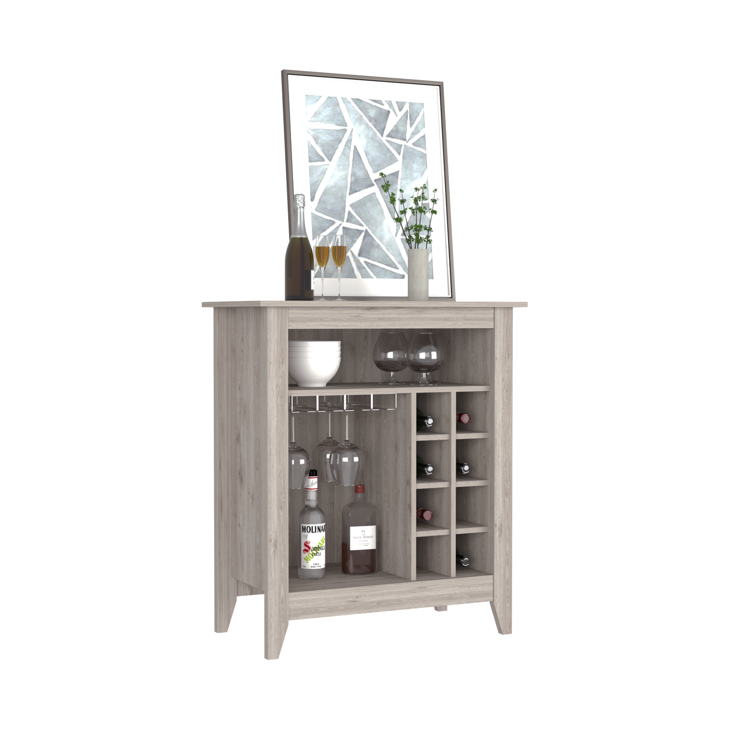 Bar Cabinet Castle, One Open Shelf, Six Wine Cubbies - Light Gray