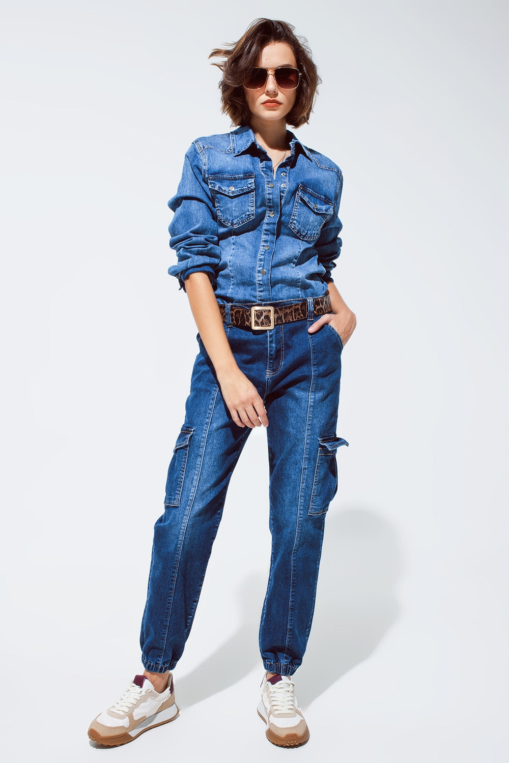 Cargo Style Jeans With Seam Down the Front in Medium Wash