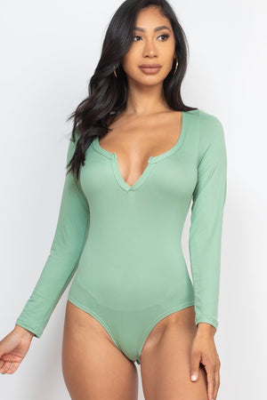 Split Neck Solid Long Sleeve Bodysuit