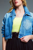 Ovesized Cropped Denim Jacket With Zip Fastening and High Collar