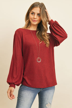 Puff Sleeved Boat Neck Two Toned Brushed Hacci Top