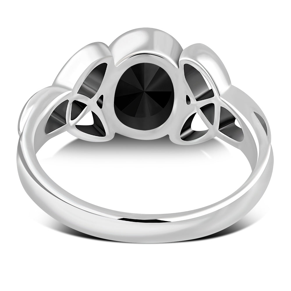 Celtic Trinity Knot Faceted Black Onyx Stone Silver Ring