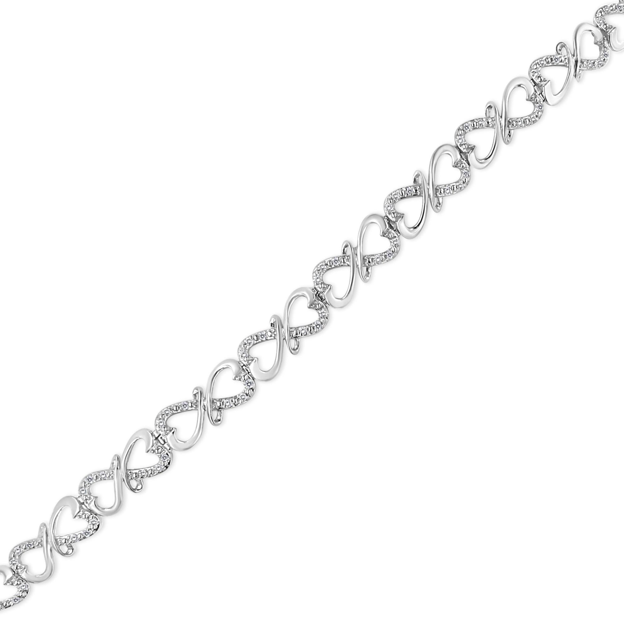 Bracelet infini double cœur en argent sterling 925 avec diamants ronds 1/3 carat au total