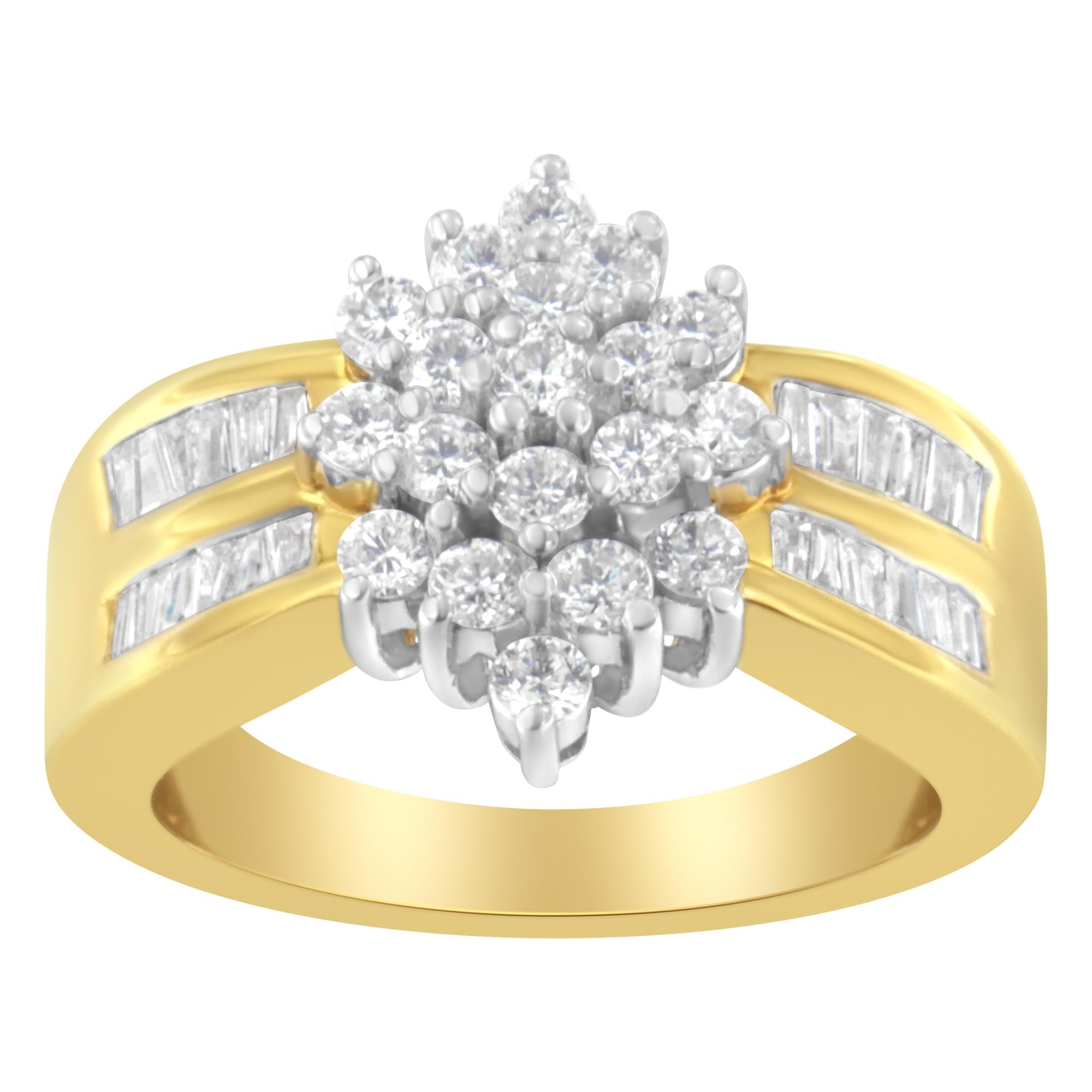 Grappe florale de diamants ronds et taille baguette en or jaune 10 carats 1,0 carat