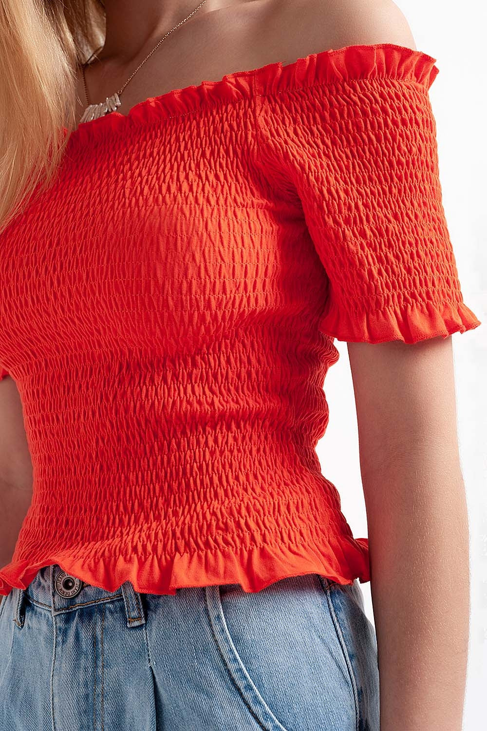 Cooord Ruched Bardot Crop Top in Orange