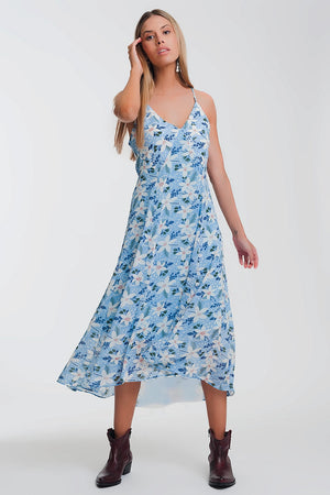 Robe longue à bretelles camisole à fleurs bleues