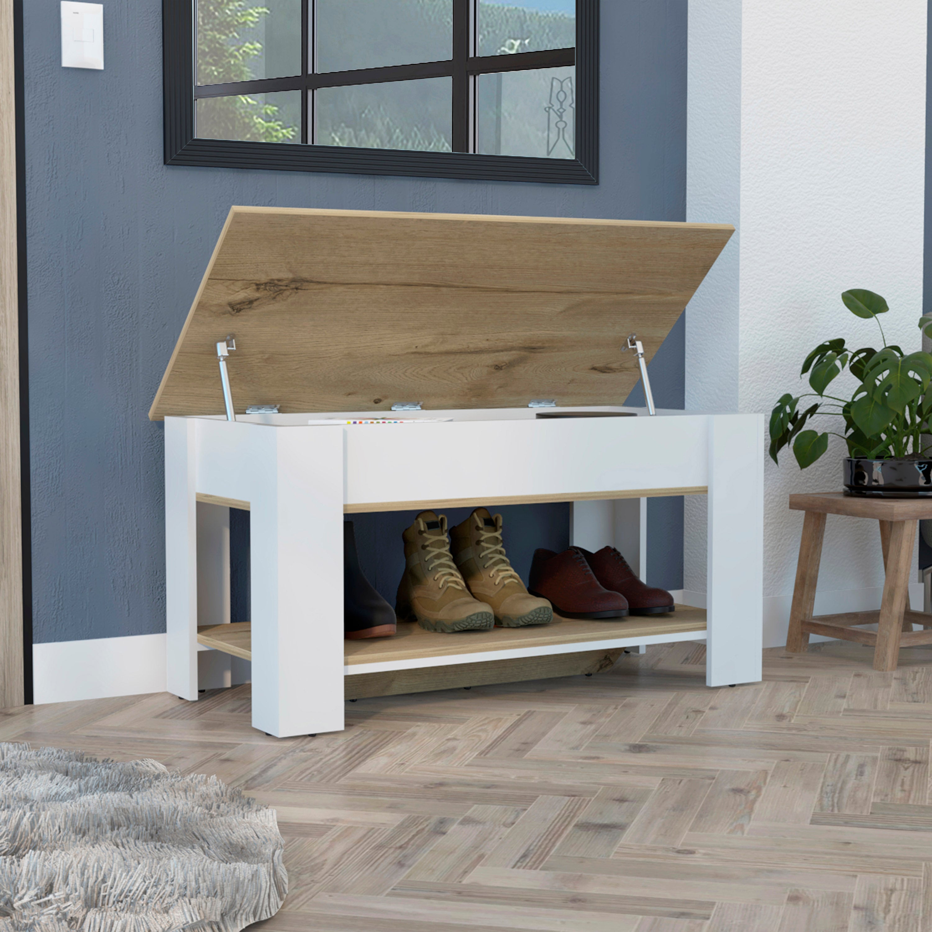 Table de Rangement Polgon, Etagère de Table Extensible, Etagère Inférieure - Chêne Clair / Blanc