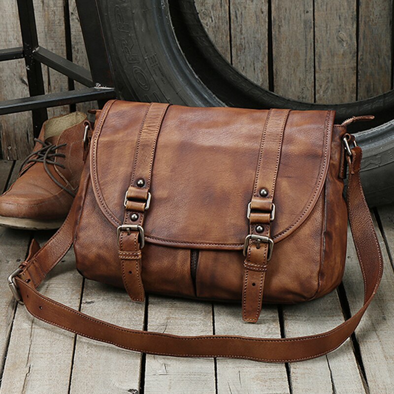 Vintage Genuine Leather Messenger Crossbody Bag Casual Sling Leisure Bags Brown