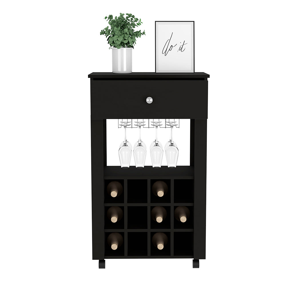 Bar Cart Bayamon, Twelve Wine Cubbies, Four Legs - Black