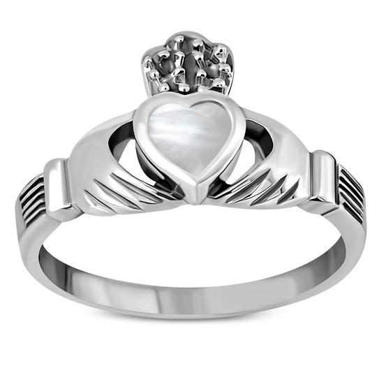 Irish Claddagh Sterling Silver Ring W/ Mother of Pearl