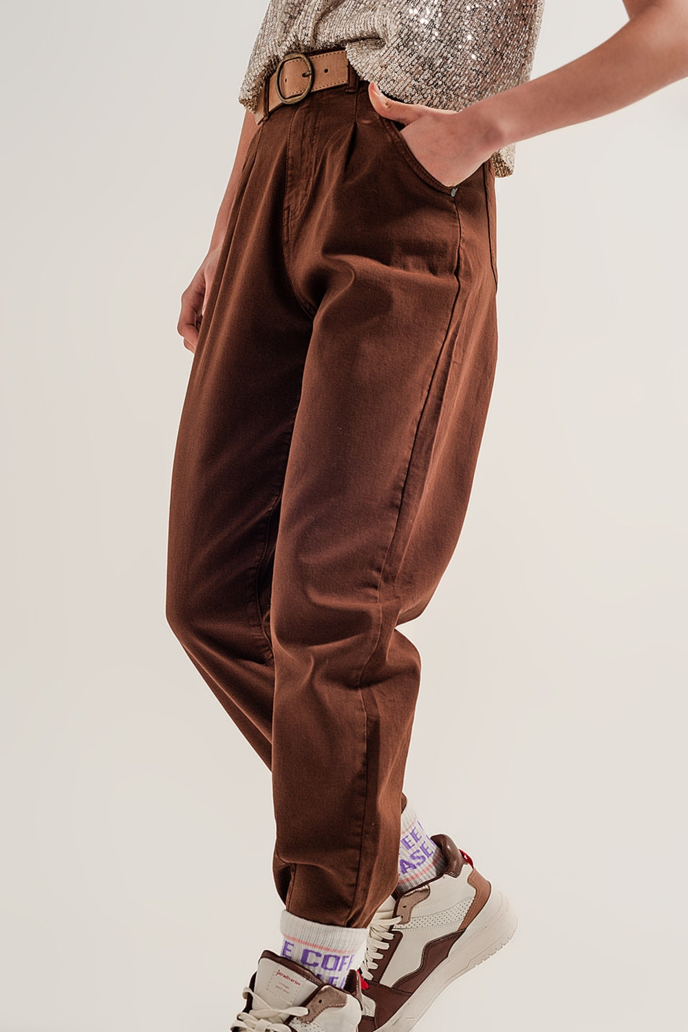 High Rise Mom Jeans With Pleat Front in Brown