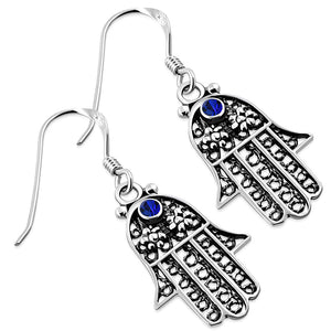 Filigree Work Hamsa Earring W Blue CZ