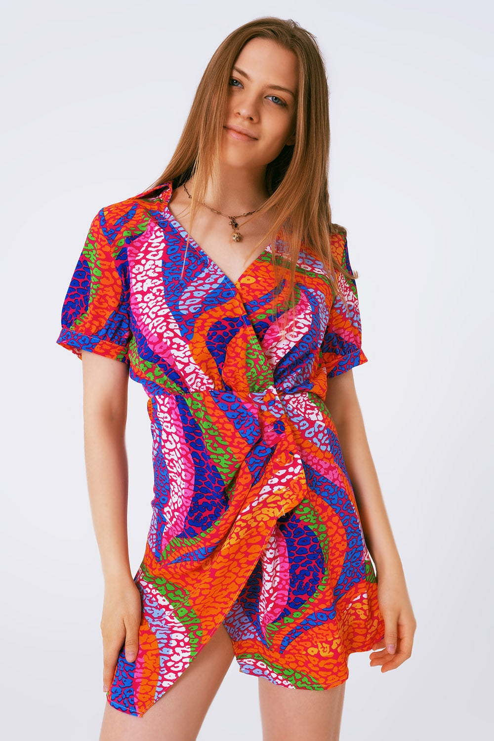 Multicolor Printed Wrap Mini Dress in Pink