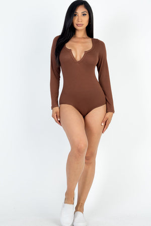 Split Neck Solid Long Sleeve Bodysuit