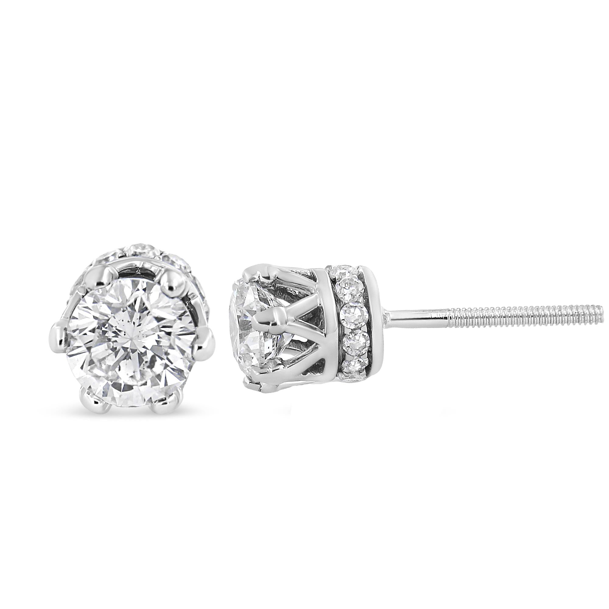 Boucle d'oreille à tige avec couronne en diamant serti sur griffes en or blanc 14 carats 1,0 carat au total