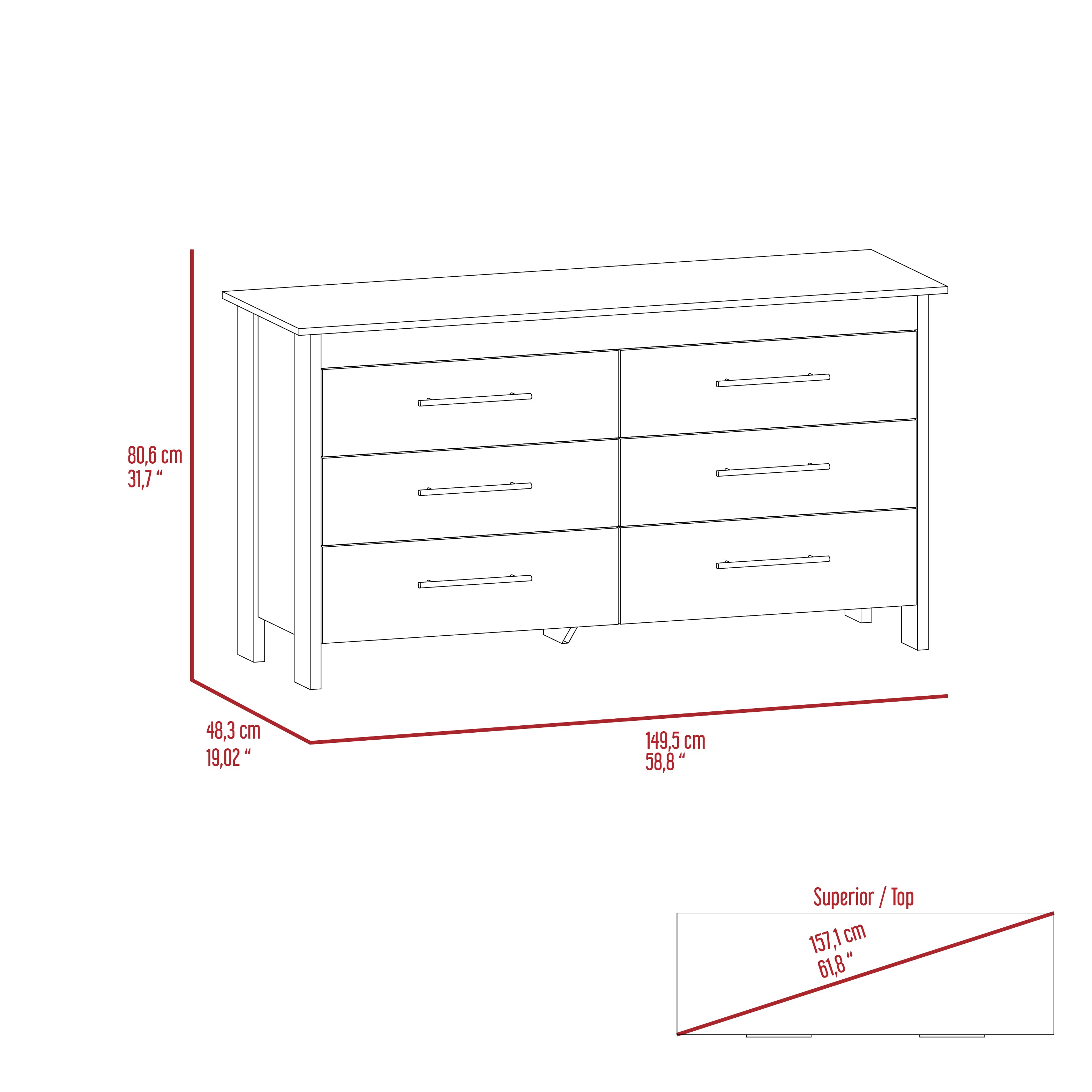 Commode double à 6 tiroirs Wezz, quatre pieds, dessus supérieur - Blanc