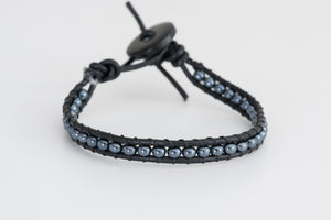 Dark Blue Thin Leather Beaded Bracelet