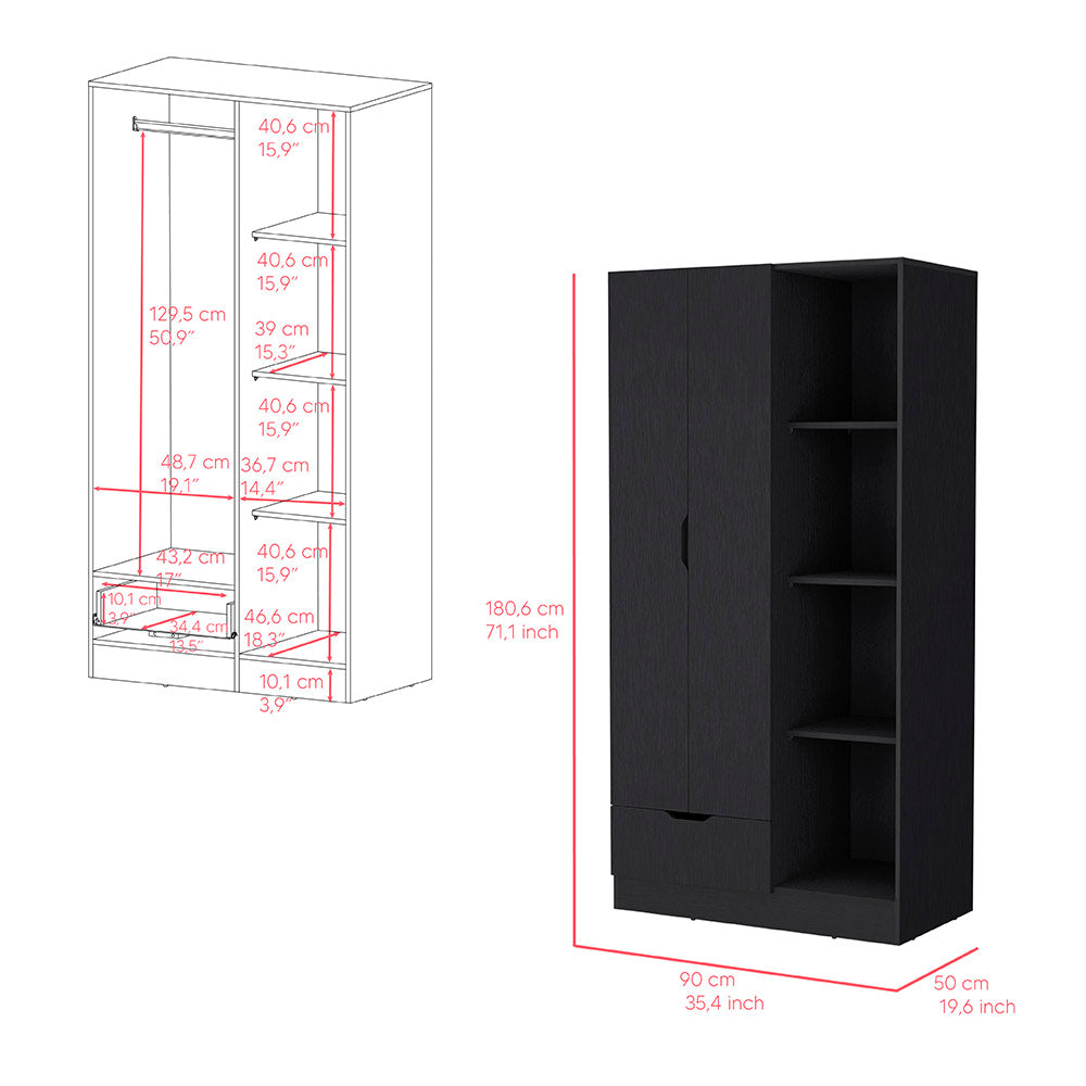 Armoire Dover avec quatre tablettes de rangement, tiroir et porte double -Noir.