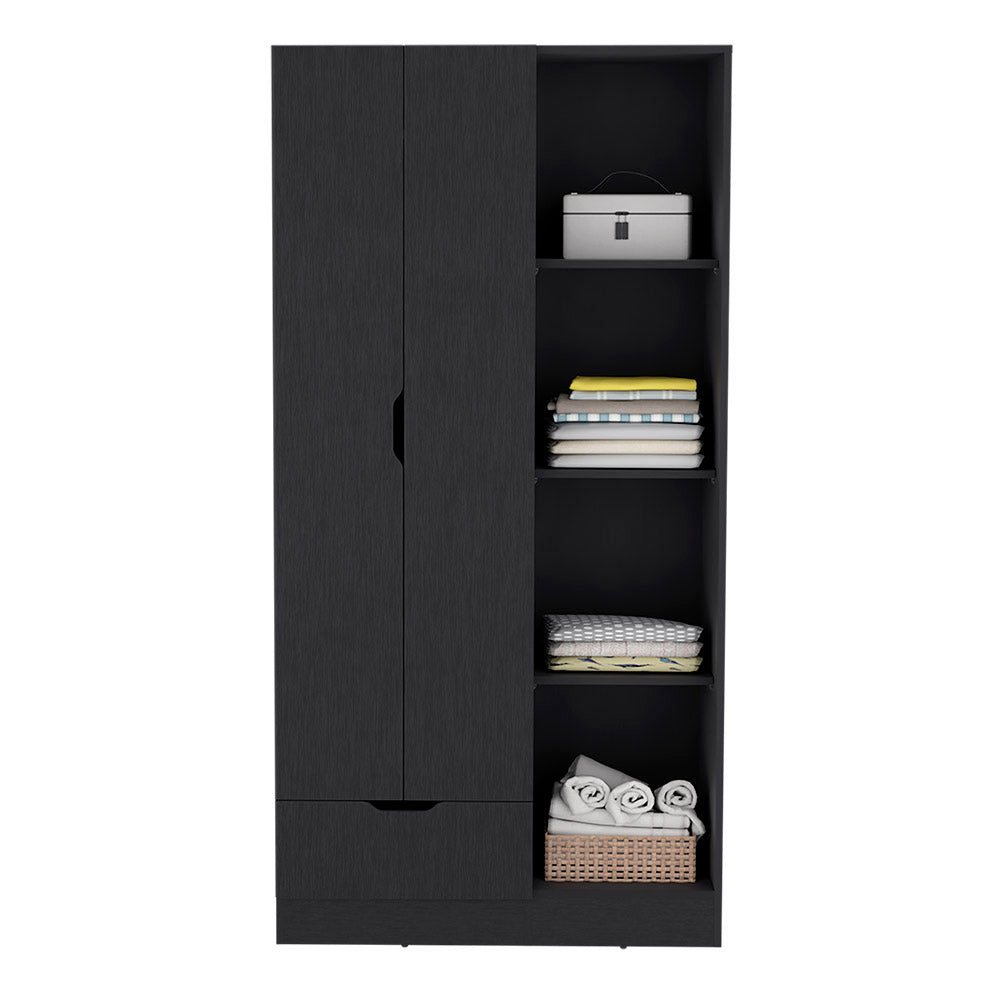 Armoire Dover avec quatre tablettes de rangement, tiroir et porte double -Noir.