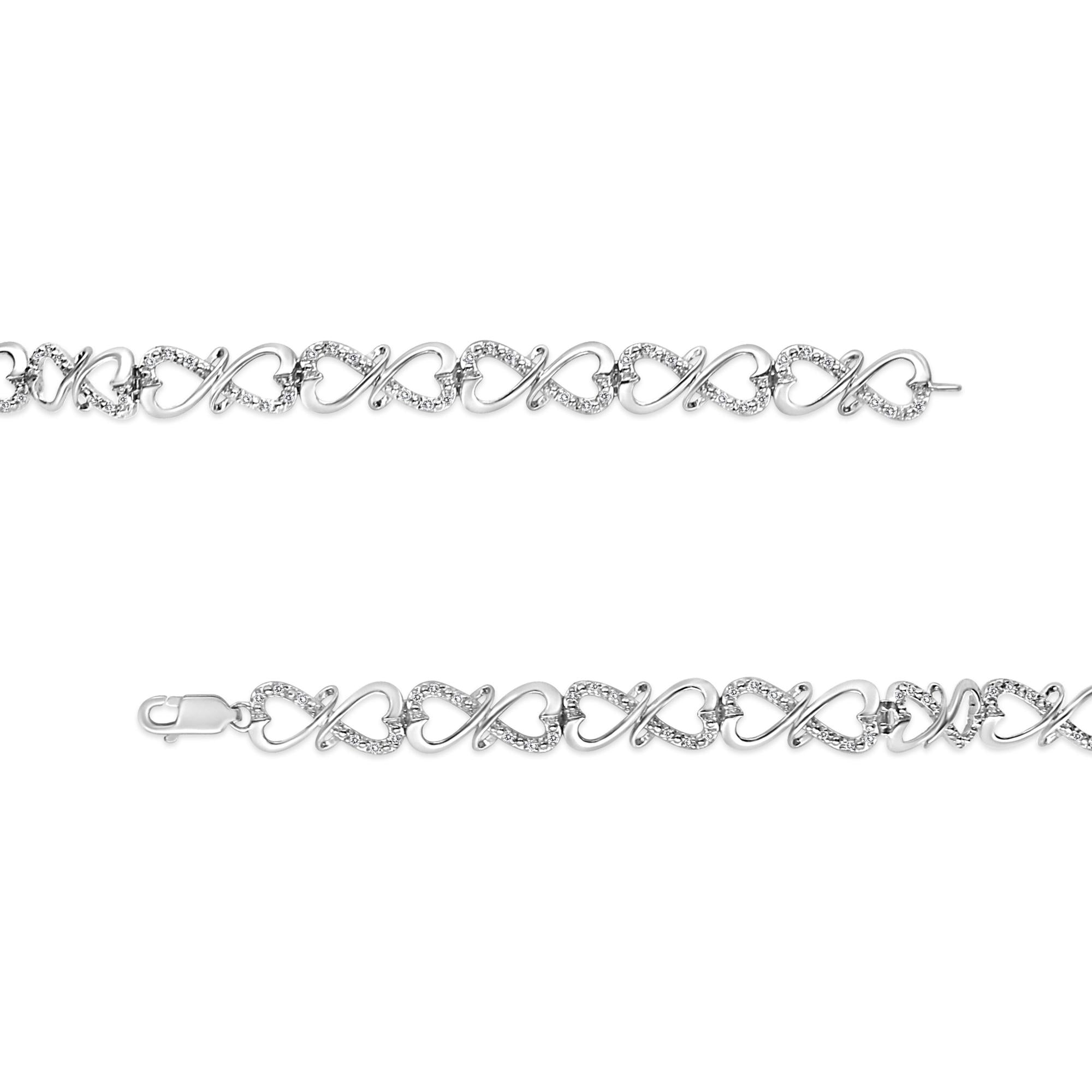 Bracelet infini double cœur en argent sterling 925 avec diamants ronds 1/3 carat au total