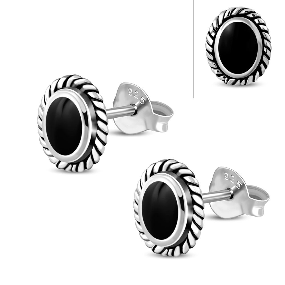 Oval Black Onyx Stud Silver Earrings