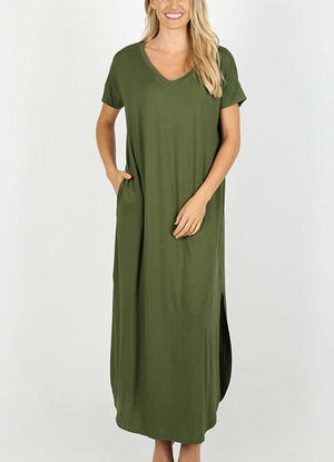 Short Sleeved Side Slit Oversized V-Neck Pocket Maxi Dress