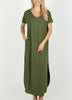 Short Sleeved Side Slit Oversized V-Neck Pocket Maxi Dress